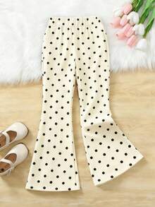 Girls' Bow Polka Dot Pattern Round Neck Short Sleeve T-Shirt + Random Cut All-Over Polka Dot Flare Pants, New Summer/Spring Girls Outfit - Multicolor - View 6