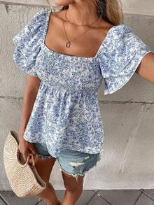 Fashionable Short Sleeve Floral Print Blouse With Ruffled Hem For Women - 藍色 - 查看 6