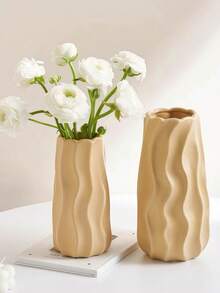1pc Bohemian Style Beige And White Striped Ceramic Vase With Fresh Flowers - Modern Small Flower Vase Suitable For Pampas Grass, Home Decor For Living Room, Coffee Table Or Bookshelf, Gift, Living Room Decor | Bohemian Style Vase | Ribbed Texture Vase, Vase Decor - Multicolor - View 6