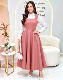 Tailored Dress With Wide Straps And Bow, Code 02, Evangelical Fashion (Shirt Not Included) - Rose - View 1