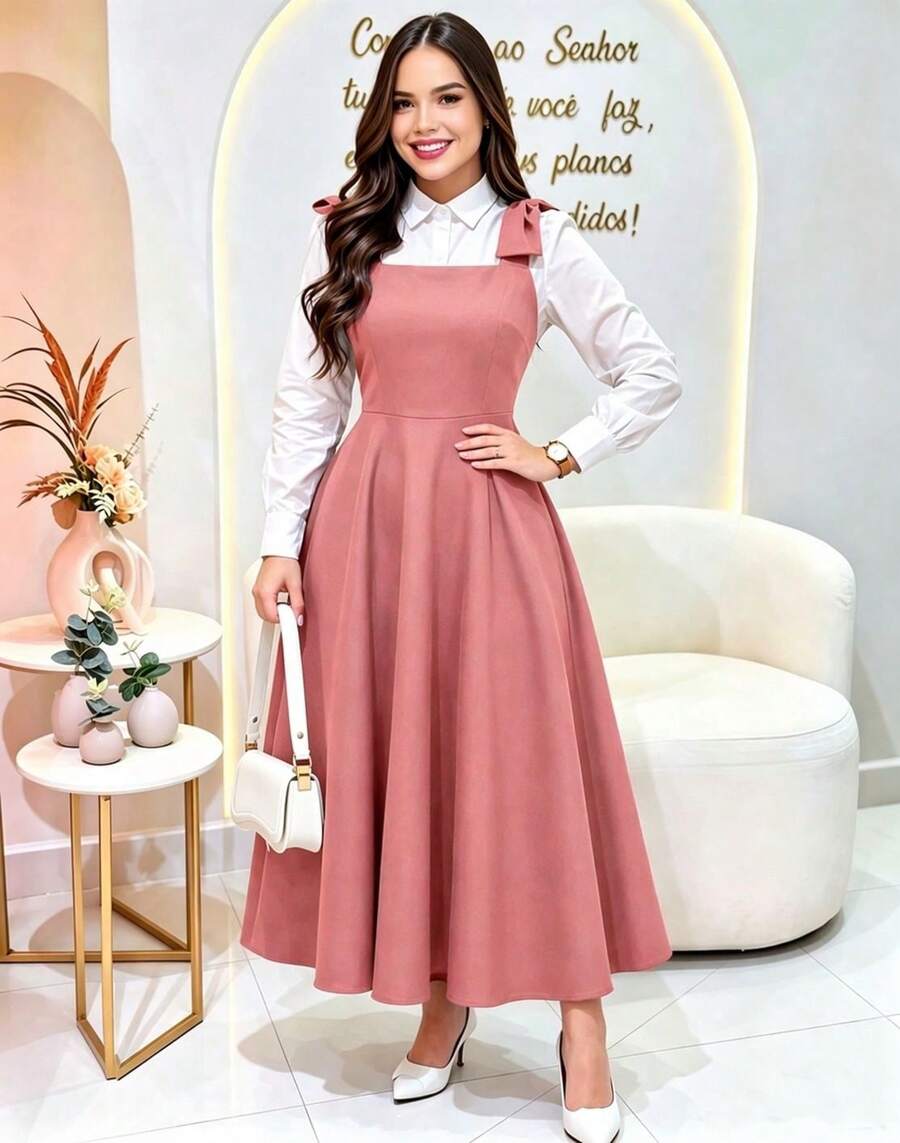 Tailored Dress With Wide Straps And Bow, Code 02, Evangelical Fashion (Shirt Not Included) - Rose - View 1