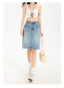 Women's High Waist Denim Midi Skirt Slim Fit Embossed Retro Style Casual Spring Summer Skirt - Blue - View 3