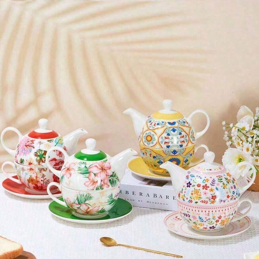 MBB 1 Set Single-Person Ceramic Floral Teapot & Teacup Set, Colorful, Suitable For Both Men And Women, White Base With Decorative Floral Pattern, Vintage Bone China Teapot Suitable For Home And Office Use, Exquisite Reusable Handmade European-Style Teapot, Teacup And Saucer Set, Available In Pink, Orange, Green, Yellow And More Colors - Small Floral Pattern - View 1