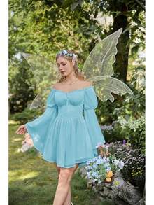 Vestido de Hada Renacentista para Mujer, Verano 2026, Estilo Boho, Hombros Descubiertos, Corsé Fluido, Vestidos Mini - Azul claro - Ver 5