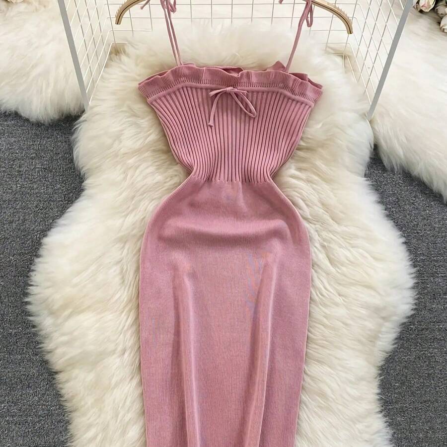 2024 Vestido acanalado con cordones Vestido elegante liso ajustado con volantes Ropa de mujer Mini vestido corto ajustado - Rosa - Ver 1