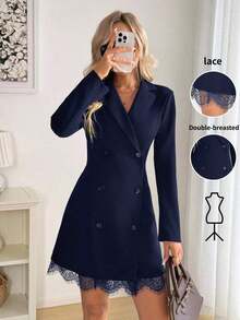 Vestido casual de otoño con doble botonadura, encaje en el dobladillo y falda acampanada, perfecto para look diario y salidas nocturnas - azul real - Ver 1