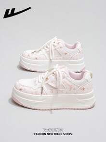 1 Pair WARRIOR Women's Thick Sole Lace-Up Soft Bottom Casual Shoes, Low-Top Outdoor Flat Shoes For Summer, Round Toe Low Heel Non-Slip Solid Color Elegant Soft Bottom Hiking Suitable For Students Graduation Photos, Women Low-Top Mesh Sneakers - Flour/Rice - View 3