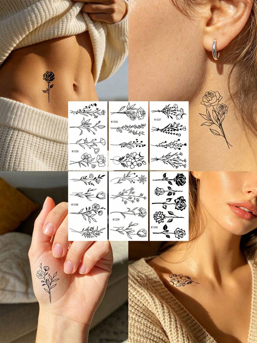 6pcs Ins Style Artistic Temporary Tattoo Stickers, Minimalist Black Patterns With Rose & Lily Elements, Suitable For DIY Hand, Shoulder, Back, Waist Daily Decoration, Photography, Dates, Travel And Daily Life,Sketch Style - Black - View 1