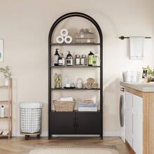 Estantería Abierta Arqueada de 71.5 Pulgadas, Estantería Organizadora Alta con 2 Puertas y 4 Niveles, Marco Metálico Resistente, Ideal para Dormitorio y Oficina en el Hogar - Negro - Ver 1