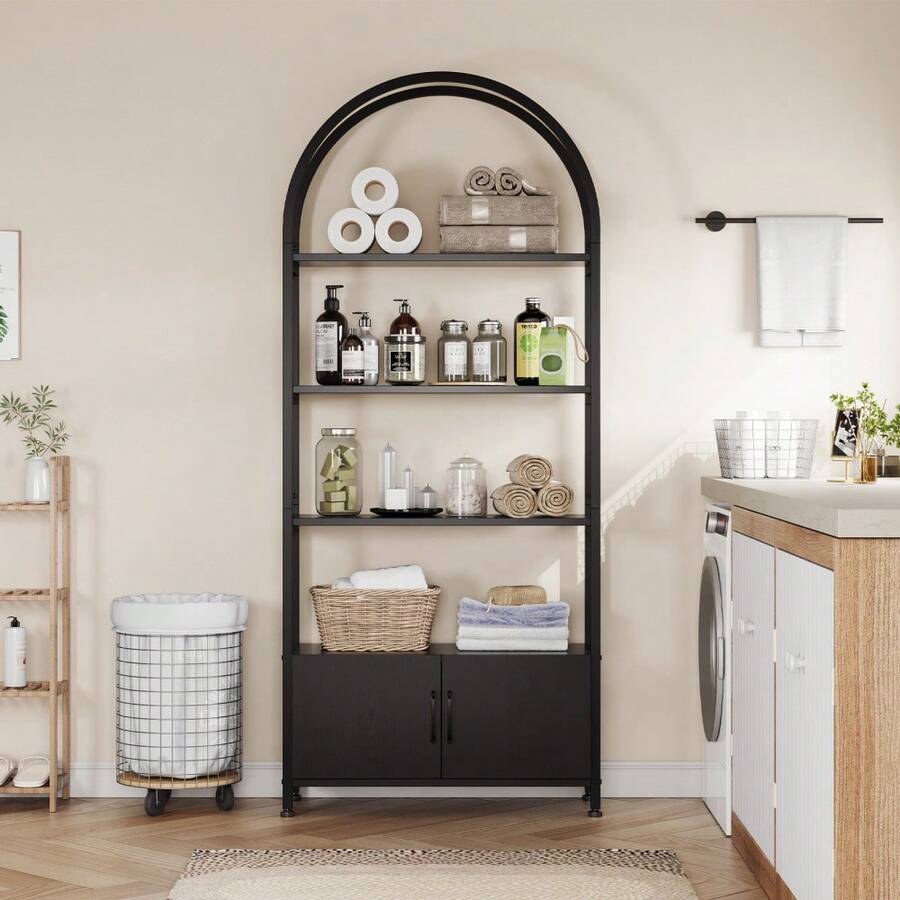 Estantería Abierta Arqueada de 71.5 Pulgadas, Estantería Organizadora Alta con 2 Puertas y 4 Niveles, Marco Metálico Resistente, Ideal para Dormitorio y Oficina en el Hogar - Negro - Ver 1