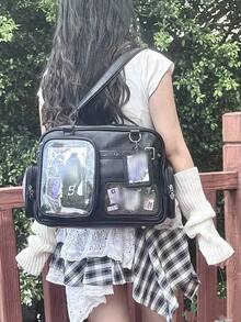 New Japan PU Leather Y2K Heart Chain Transparent Badge Satchel Bag, Casual Minimalist Multipurpose Commuter Bag - Purple - View 6