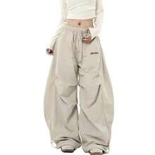 Ropa informal estilo Hip Hop Retro Y2K, pantalón de chándal informal elegante a juego, pantalón de pierna ancha de gran tamaño para mujer, pantalones Cargo con cordón de cintura baja para mujer - Beis - Ver 4
