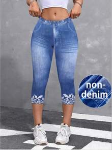 5741 [Pantalones Estampados - No de Tela Vaquera] Leggings Estampados - No de Tela Vaquera, Sin Textura, Nuevos Leggings Capri para Mujer - Azul - Ver 4