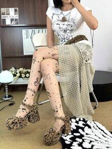1 Pair Kawaii Musical Note & Piano Print Sheer Pantyhose, Japanese Lolita Style - 彩色 - 查看 4