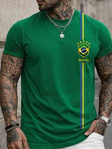 Men's T-Shirt, Brazil 3 Stripe Blouse, Summer Short Sleeve Shirt, Premium Cotton - 綠色 - 查看 1