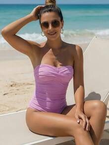 Elegant Solid Color Backless One-Piece Swimsuit, Sexy & Suitable For Vacation & Beach, Summer - Mauve Purple - View 5