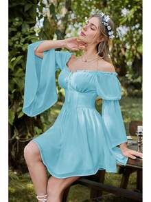 Vestido de Hada Renacentista para Mujer, Verano 2026, Estilo Boho, Hombros Descubiertos, Corsé Fluido, Vestidos Mini - Azul claro - Ver 3