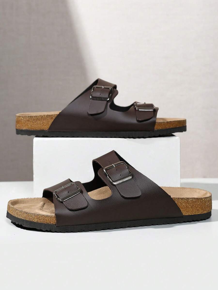 Unisex Fashion Double-Strap Double-Buckle Casual Mule Slippers With Arch Support Soft Cork Sole, Comfortable Slip-On Summer Sandals, Suitable For Couples Everyday Wear, Beach & Holiday