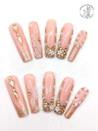 10pcs Handmade Solid Color Nails, 45mm Length, Pink Nails With Gold Glitter Tips, Yellow Rhinestone White Flower Decor On Partial Nails, Floral Pattern, Raised White Petal Decor. Cute & Unique Nails Suitable For Daily Casual, Vacation, Banquet, Party, Performance And Other Occasions.