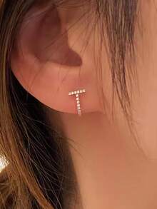1 Đôi bông tai hình chữ T tối giản, tự nhiên, đa năng, đính đá Cubic Zirconia tổng hợp, thích hợp đeo hàng ngày, dự tiệc, làm quà tặng, trang sức. - Hoa hồng vàng - Xem 3