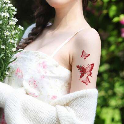 1pc Red Rose & Butterfly Line Tattoo Sticker, Waterproof & Long-Lasting, Arm/Upper Arm Decor, Ins Style
