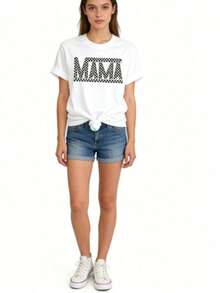 Camiseta de Mujer PAYEAH 1 pieza de algodón con estampado de letras Mama y cuello redondo - Camiseta de manga corta de poliéster suave y de elasticidad media para primavera y verano - Corte relajado, casual, con patrón de alfabeto, impresión posicionada, longitud regular, tejido de punto, camiseta de algodón grueso para todas las estaciones. Ropa de Mujer a, camisetas, top blanco, camiseta gráfica, adecuada para gimnasio, entrenamientos, uso casual diario y estilo urbano. FWWF - Blanco - Ver 1