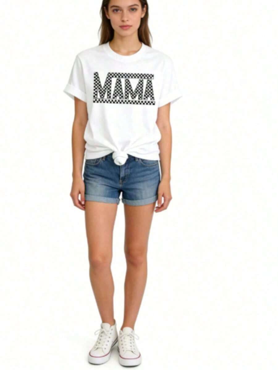 Camiseta de Mujer PAYEAH 1 pieza de algodón con estampado de letras Mama y cuello redondo - Camiseta de manga corta de poliéster suave y de elasticidad media para primavera y verano - Corte relajado, casual, con patrón de alfabeto, impresión posicionada, longitud regular, tejido de punto, camiseta de algodón grueso para todas las estaciones. Ropa de Mujer a, camisetas, top blanco, camiseta gráfica, adecuada para gimnasio, entrenamientos, uso casual diario y estilo urbano. FWWF - Blanco - Ver 1