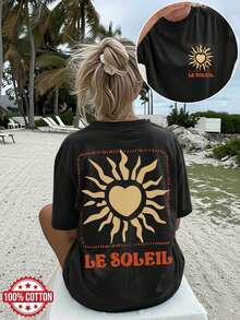 [Double-Sided Print] Women's Spring And Summer Casual Beach T-Shirt, Bohemian Style, Sun, Heart, LE SOLEIL Printed Crew Neck Short Sleeve Oversized Dropped Shoulder T-Shirt For Women [Chu K] Women's T-Shirt - Black - View 7