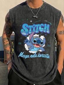 Disney Lilo & Stitch Meega Nala Kweesta Officially Licensed Men's Sleeveless Graphic Tee, 100% Cotton 230g Washed Vintage Shirt - 黑色 - 查看 2
