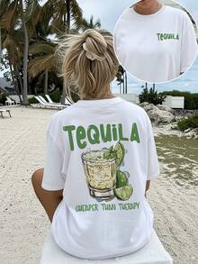 Women's Summer Double-Sided Print T-Shirt - Casual Round Neck T-Shirt With "Tequila Is Cheaper Than Therapy" Print - T-Shirt Damen - White - View 8