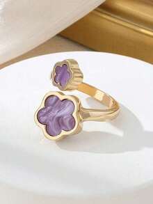 Set de 6 piezas de joyería con flor de la suerte, 1 pieza collar, 1 pieza pulsera, 1 pieza brazalete, 1 pieza anillo, 1 pieza de aretes, adecuado para uso diario, fiesta, vacaciones - Morado - Ver 4