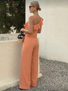A&DD FASHION, Reference Number: Y493 - Set, Women's Two-Piece Suits, High-Waisted Wide-Leg Pants, Trousers, Camisole, Crop Top, Ruffled Hem Design, Comfortable To Wear, Sophisticated Look, High Quality, Stylish Look, Versatile, Elegant Style, Two-Piece Suits, Casual Chic Look, Comfortable And Stylish, Pants With Pockets, Elegant Suits, Perfect For Spring And Summer, Blogger Style, Casual And Formal, Suitable For All Occasions, Elegant And Fashionable, Feminine Look, Summer 2025 Collection. - 橘色 - 查看 4