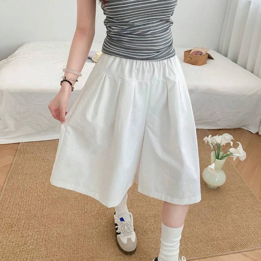 Pantalones Anchos de Cintura Alta, Ligeros y Transpirables para Mujer, Estilo Coreano, Casuales, Tipo Falda, Capri - BLANCO - Ver 1
