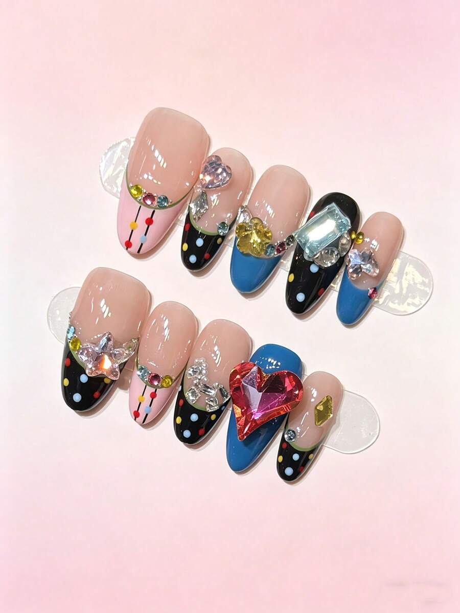 10pcs Y2K Cute Colorblock Heart Rhinestone Artificial Nails, Polka Dot Colorful Rhinestone Almond Detachable Press-On Nail Tips