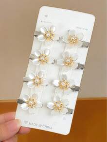 8pcs Girls Solid Color Flower & Pearl Hair Clips, Minimalist Side Bangs Clips, Cute & Versatile Hair Accessories For Daily Use - White - View 4