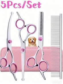 5pcs Professional Pet Grooming Scissors Set, 4CR Stainless Steel, Suitable For Dogs & Cats, Sharp & Durable, Pet Grooming Tools, Perfect Gift For Your Pets - Pink - View 1