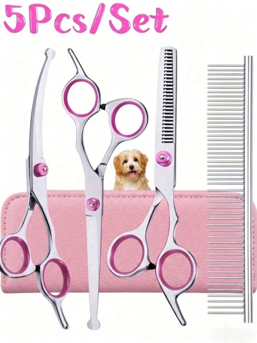 5pcs Professional Pet Grooming Scissors Set, 4CR Stainless Steel, Suitable For Dogs & Cats, Sharp & Durable, Pet Grooming Tools, Perfect Gift For Your Pets - Pink - View 1