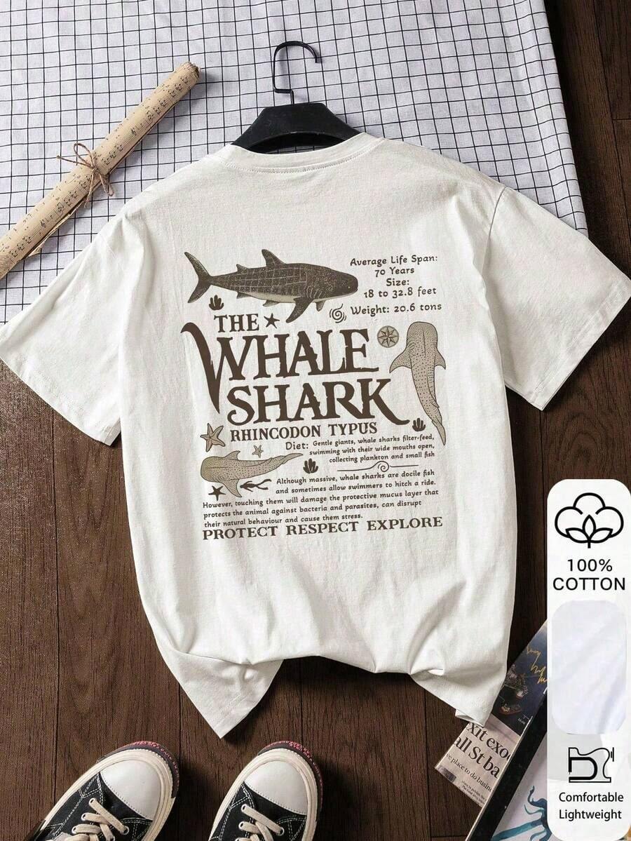 Blusa de algodón 100% con estampado de ballena tiburón, de manga corta y estilo casual, camiseta de verano, inspiración de atuendo de verano, estilo de playa, París, Los Ángeles, Londres, Banok-Vintage Street Style Unisex Loose Cotton Short Sleeve Crew Neck T-Shirt - Blanco - Ver 1