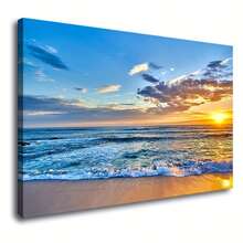Tranh in trên vải canvas 2D (có khung), tranh phong cảnh biển hoàng hôn, bãi biển xanh, thích hợp cho phòng khách, phòng ngủ, nhà bếp, văn phòng, sẵn sàng để treo. - A - Xem 3