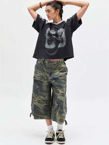 Women Camo Print Cargo Capri Pants Drawstring Waist Multi Pocket Wide Leg Denim Culottes Y2K Summer - Army Green - View 1