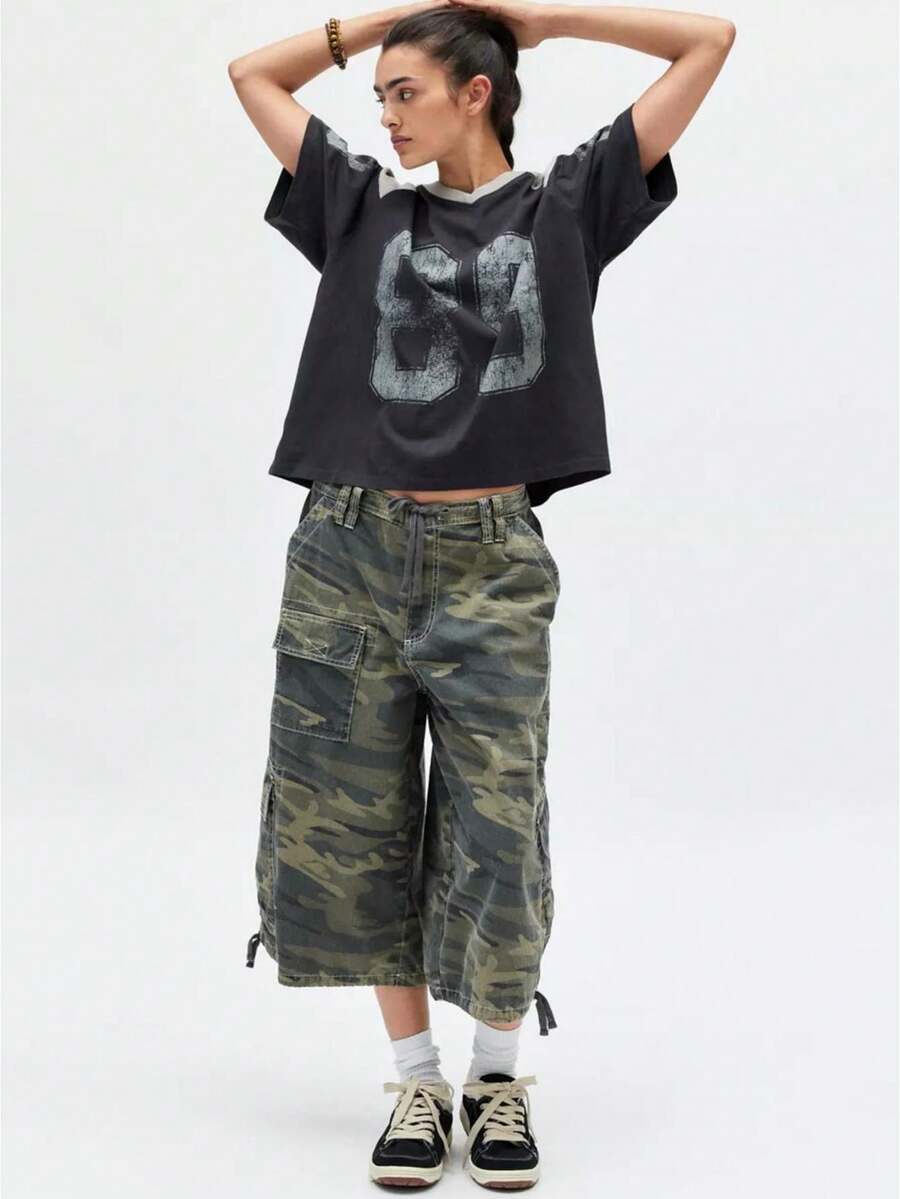 Women Camo Print Cargo Capri Pants Drawstring Waist Multi Pocket Wide Leg Denim Culottes Y2K Summer - Army Green - View 1