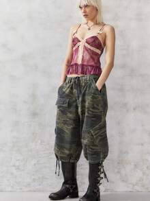 Women Camo Print Cargo Capri Pants Drawstring Waist Multi Pocket Wide Leg Denim Culottes Y2K Summer - Army Green - View 3