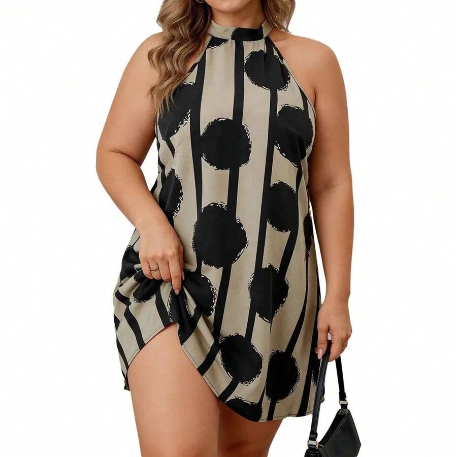 Vestido Holgado con Estampado de Puntos, Cuello Halter, Sin Mangas, para Mujer, Talla Grande, Estilo Casual, Ligero, para Uso Diario, Primavera-Verano 2026 - Negro - Ver 1