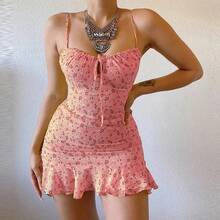 Vestido camisola floral pequeño para mujer, sexy, informal, para el hogar, falda cómoda de verano - Rojo - Ver 3