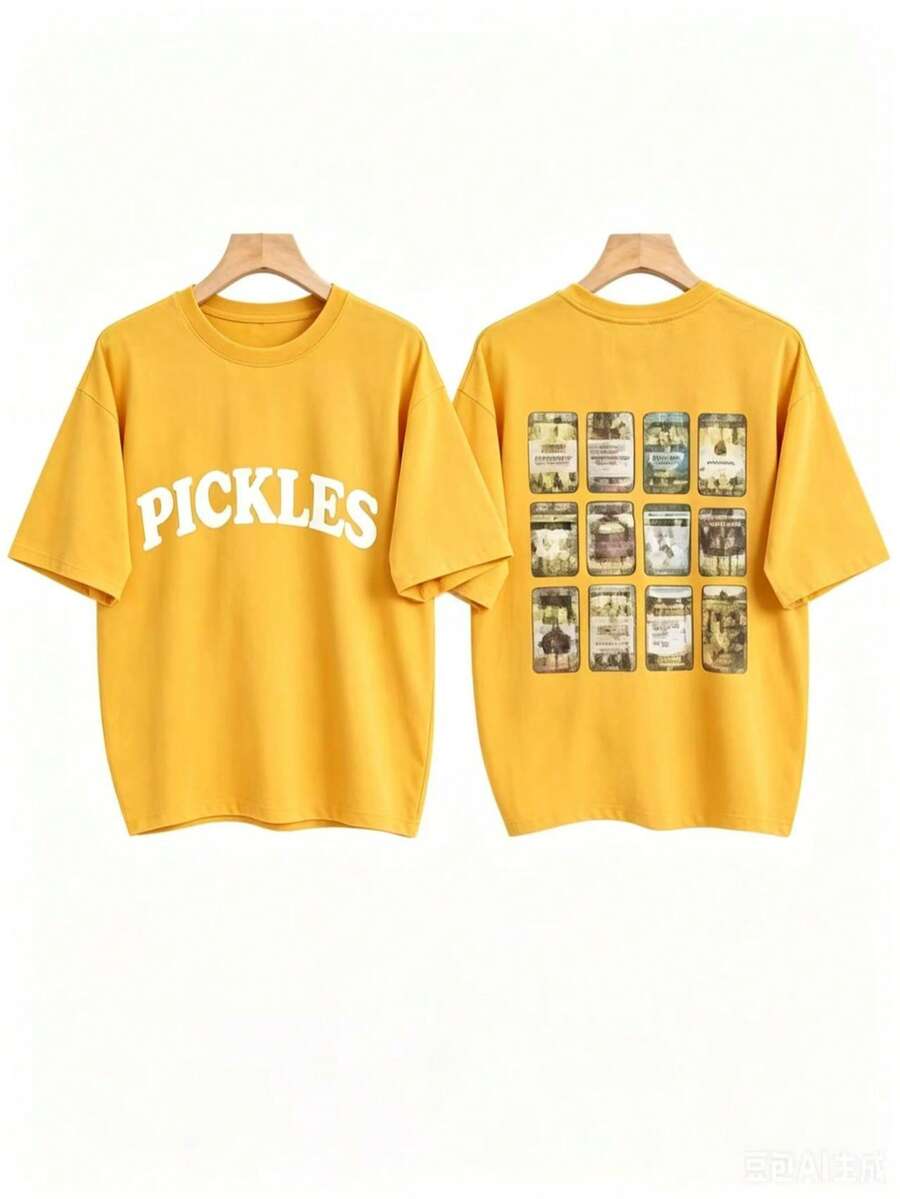 [Olive Green Sweatshirt] Soft Olive Green Crewneck Sweatshirt |     PICKLES Letter Print & Pickle Jar Graphic - Mid-Stretch Fabric, Machine Washable - 黃色 - 查看 1