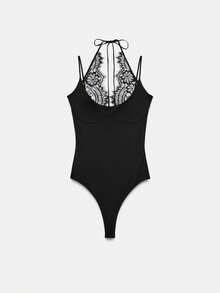 Body de Encaje Chic con Espalda Halter - Top Negro de Ajuste Delgado con Escote Cuadrado y Doble Tirante - Negro - Ver 5