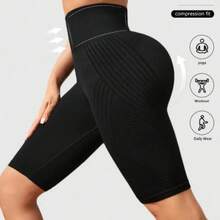 Pantalones cortos de Yoga sin costuras de cintura alta para mujer, pantalones cortos ajustados tejidos para entrenamiento, correr, mallas estéticas lineales, pantalones cortos elásticos para levantar la cadera - Negro - Ver 5