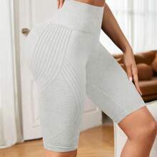 Pantalones cortos de Yoga sin costuras de cintura alta para mujer, pantalones cortos ajustados tejidos para entrenamiento, correr, mallas estéticas lineales, pantalones cortos elásticos para levantar la cadera - Gris - Ver 6