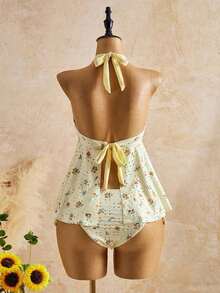 2026 Bellisia Vestido elegante de mujer con estampado de lunares, tela texturizada, camisola relajada para vacaciones, bikini amarillo tipo tankini para playa.Conjunto de playa de mujer para verano 2026, temporada de graduación, boda, regreso a clases, Pascua.Camisola de verano casual y linda, con textura de punto, detalles de volantes, en estilo dulce, romántico y campestre. - Amarillo - Ver 3