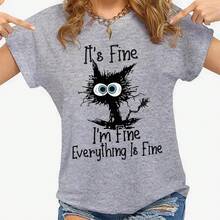 Ropa de mujer gato es bien, soy bien, todo está bien, camisetas con estampado, moda informal de verano, ropa personalizada para mujer - yx417-1-gris - Ver 3